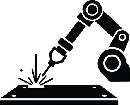 Silhouette of industrial robotic arm welding metal in factory production vector illustration