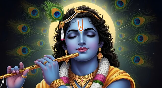 Lord sri krishna playing flute with divine aura and peacock feathers background