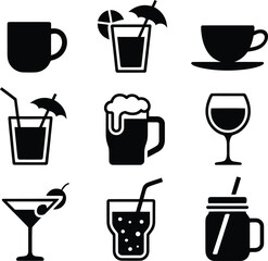 Obraz premium Collection of stylized beverage icons including coffee, tea, cocktails, and beer, coffee cup