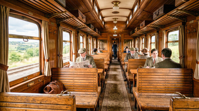 Interior de un vag&oacute;n de tren de &eacute;poca, con paneles de madera y asientos de banco, que muestra el encanto de los viajes ferroviarios antiguos.