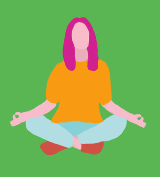 Mulher meditando isolada no fundo verde - Ilustra&ccedil;&atilde;o no estilo flat feita a m&atilde;o
