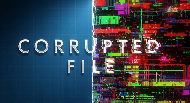 Corrupted file graphic with glitch, static and digital errors.