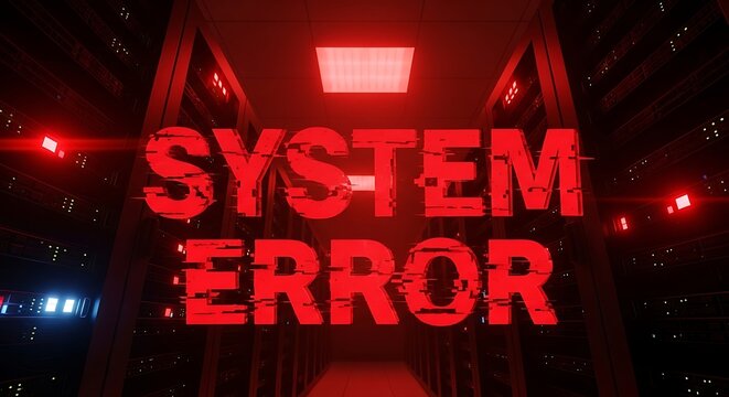 System error red alert with glitch effect and flashing lights, representing urgent problem.