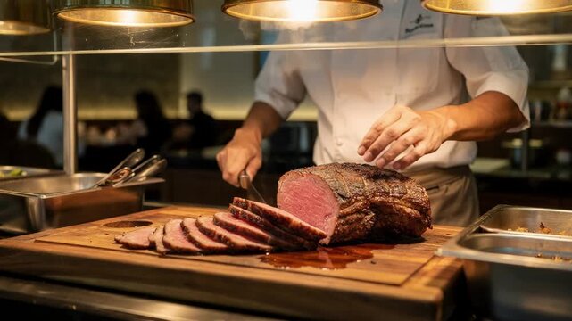 Brunch buffet carving station with juicy roast beef displayed under heat lamps chef carving fresh slices clear sneeze guard and blurred diners behind.