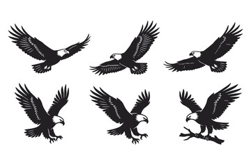 Fototapeta premium Bald eagle silhouettes set flying and perching on branch on transparent background