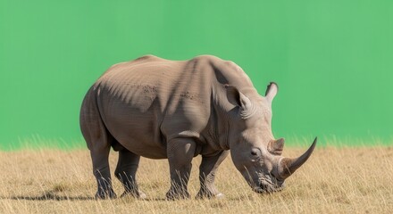 Obraz premium Wild Rhinoceros Walking Through Savanna Under Clear Blue Sky
