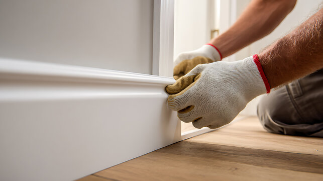 Skilled craftsman carefully install baseboard trim, adding a clean finish to a residential interior with new flooring and wall details
