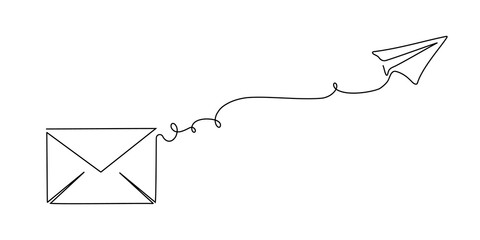 Continuous art mail one line icon email letter vector paper message. Art line mail continuous sketch newsletter outline contact plane illustration business single doodle arrow journey travel send fly © Максим Зайков