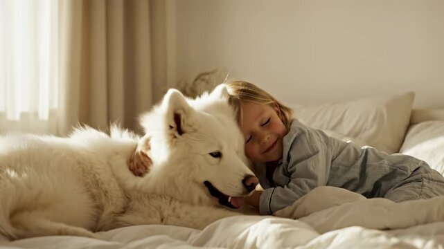This captures a tender moment between a young girl and her Samoyed dog as they snuggle on a bed in a bright and cozy room, exuding warmth and affection.