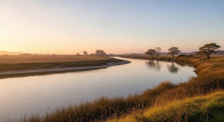 Fototapeta premium Serene River Landscape at Sunset with Lush Vegetation and Open Sky