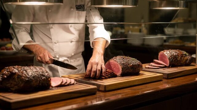 Brunch event carving station with fresh roasts under proper warmth clear sneeze guard clean wooden boards and the chef delicately slicing meat background composition intentionally
