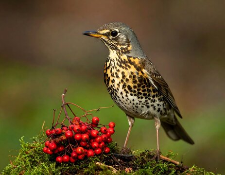Song thrush perched on moss with bright red berries against a blurred background