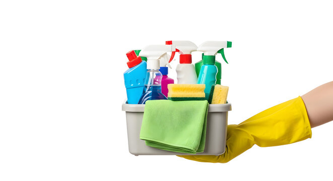 Cleaning supplies kit with gloves and spray bottles.