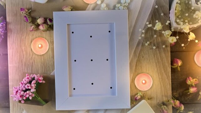 Wedding photo frame mockup with 9 tracking markers on wooden table with candles and flowers for easy motion tracking