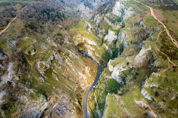 Epic aerial view of Cheddar Gorage, Historical Landmark of Cheddar, village of Somerset, England, uk