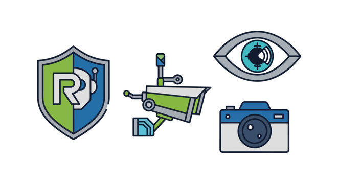 Security Icons: Surveillance Camera, Eye, Shield, and Photo Camera