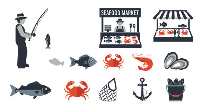 Fisherman, Seafood Market Stall, Fresh Fish, Crab, Shrimp, Oysters, Anchor, Net