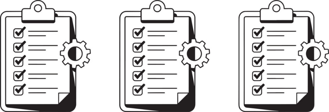 Black clipboard with checklists on white background gear settings
