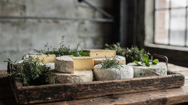 Close medium shot of herb garnishes and handmade cheeses on a distressed wooden tray in an urban loft catering setup with a blurred industrial background.