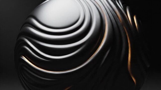 Abstract black sphere with intricate golden patterns on dark background
