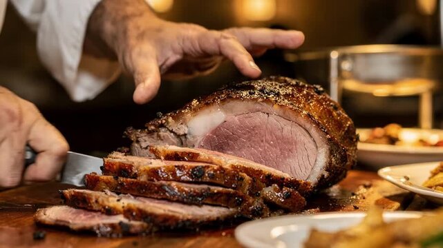 Closeup of a chef slicing roasted meat at a carving station focused knife movement with outoffocus serving dishes behind.