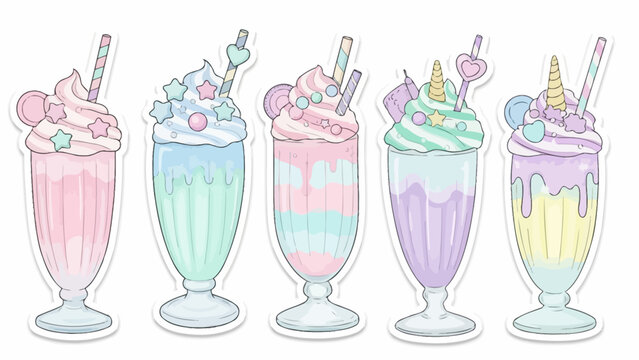 Colorful milkshake illustrations with sweet toppings against white background