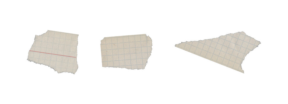 Set of three ripped squared paper cutouts on transparent background