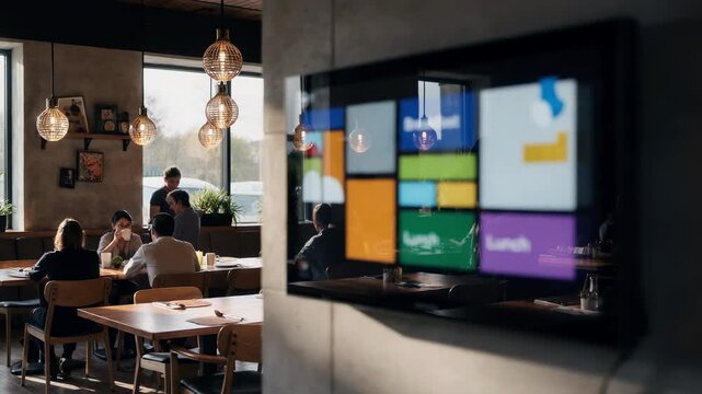 AI menu display dynamically changing from breakfast to lunch mode focused menu panel in sharp detail with a blurred busy restaurant ambiance behind.