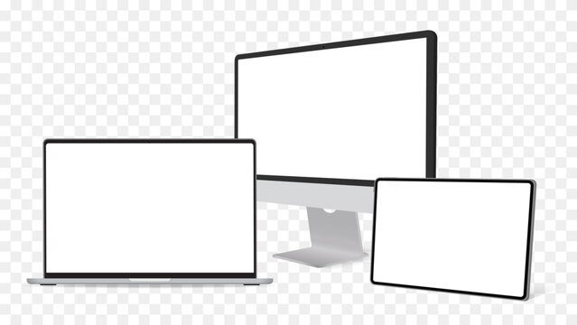 Responsive device mockup with desktop computer, laptop and tablet screens, modern 3D technology display set isolated on transparent background for web and app presentation