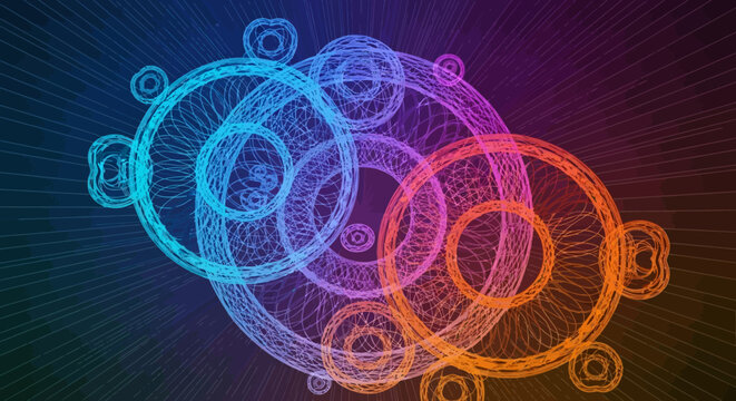Dynamic multicolored interlocking fractal circles background. Glowing digital energy pattern with abstract vibrant rings.