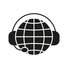 Obraz premium Globe With Headset Solid Icon. Global Communication, Customer Support, And International Call Center Silhouette Symbol. Worldwide Connectivity. Isolated Vector Illustration