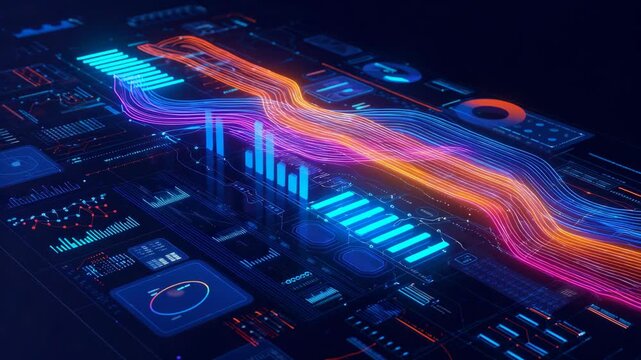 Modern digital dashboard interface showing flowing vibrant data streams, bar graphs, and analytics charts. Ideal for technology, finance, and business innovation concepts.