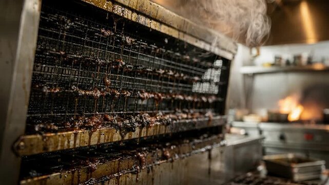 Closeup medium shot of greaseladen filters inside a wallmounted ventilation hood filtering smoke from charbroiled meats with blurred grill and workspace in background.
