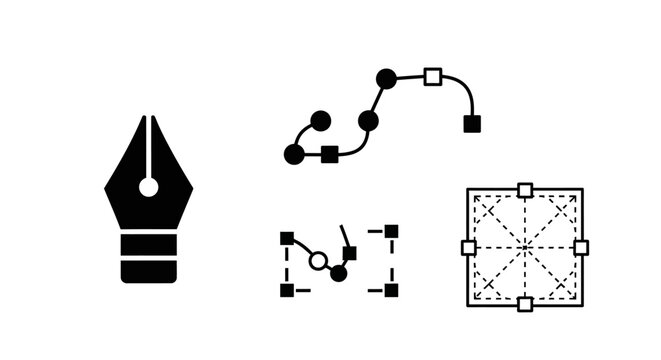 Vector graphic design tools: Pen tool, Bezier curves, anchor points, and bounding box icons for digital illustration software.