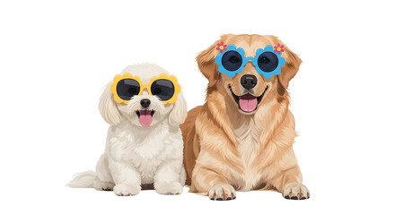 Fototapeta premium Two Dogs with Colorful Sunglasses Sit Together.