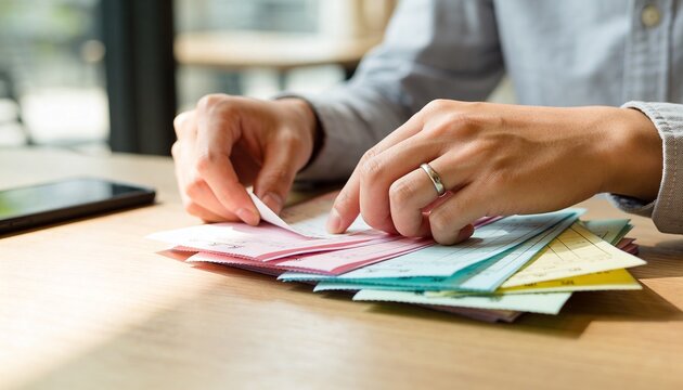 A person organizing colorful index cards on a wooden desk in a bright office