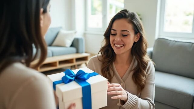 Adult daughter surprises her joyful mother with a blue ribbon gift box in a cozy living room, expressing love and family bond..