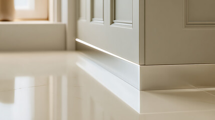 Fototapeta premium Modern LED Strip Lighting Detail Underneath a Stylish Kitchen Island Base or Cabinet in a Contemporary Home Interior Design