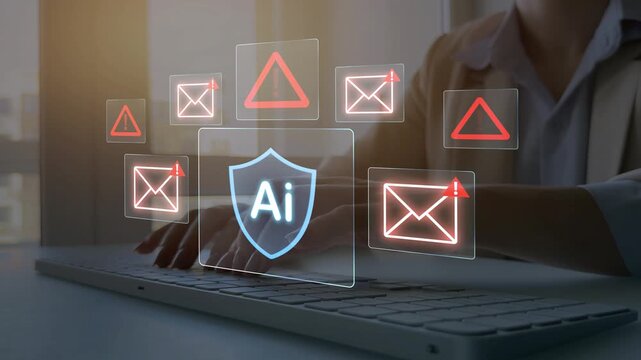 Digital AI shield with encryption, monitoring and real-time threat detection, focused on data privacy and secure systems. AI security  showing protection against cyber threats, fraud and scams. 