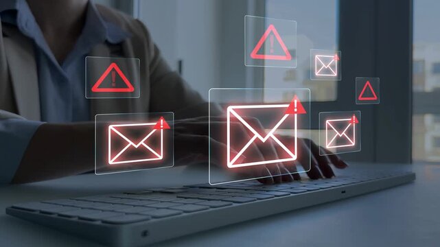 Email security and virus spam alert in email. Fake text email scam.Scammers online.Cyber scam. Spam email message on digital screen.	

