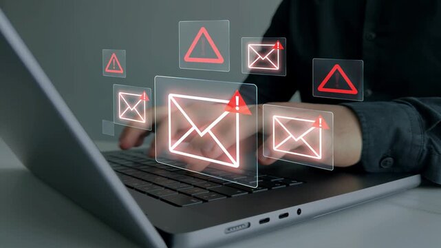 Digital screen showing scam and spam emails. Highlights email hacks, phishing attacks and virus alerts. Online fraud and cyber threats.
