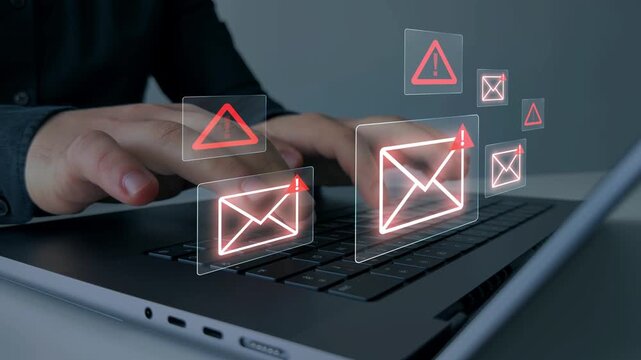 Email security alert detecting and preventing email attacks, scams and phishing. Protection against malware, fraud, and unauthorized access to digital data.