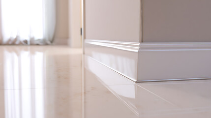 Fototapeta premium Clean architecture detail: shining floor, white baseboard, blurred curtain, natural light, modern interior, elegant design, home decor, minimalism