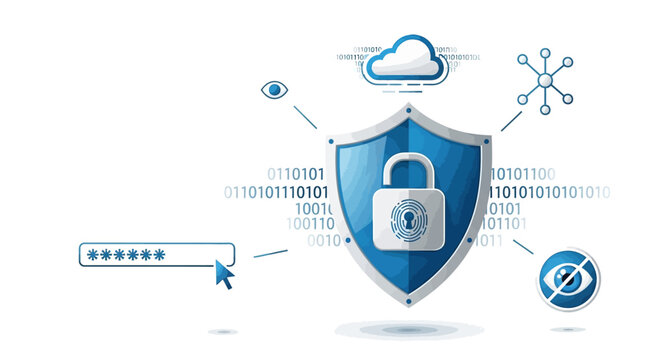 A blue shield with a padlock protects binary code and a cloud from a virus.