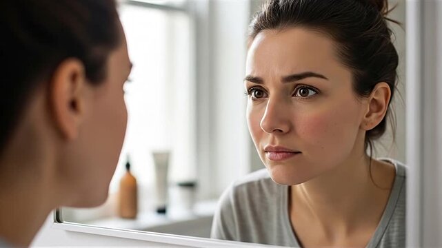 Thoughtful young woman looking at her reflection in a bathroom mirror, observing her skin in bright studio light.