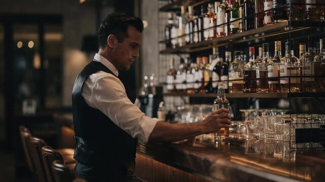 Bartender reaching for a bottle from a fully stocked shelf with the bar counter and empty stools softly blurred to emphasize action.