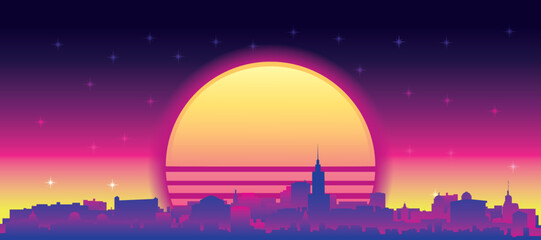 Obraz premium Purple generic retro futuristic synthwave panoramic poster of the city skyline with misty background sunset buildings of WARSAW, POLAND