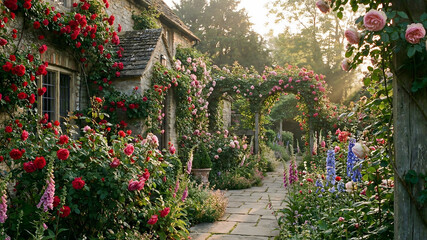 Obraz premium An English cottage garden overflowing with blooming red and pink roses