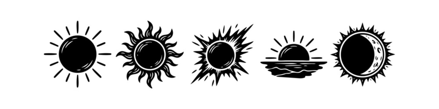 Solar eclipse and sun phases set with celestial sunrise and sunset illustrations
