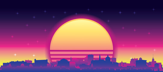 Obraz premium Purple generic retro futuristic synthwave panoramic poster of the city skyline with misty background sunset buildings of COPENHAGEN, DENMARK